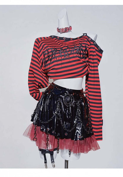 Punk Studs Red Lace Trim Black PU Skirt