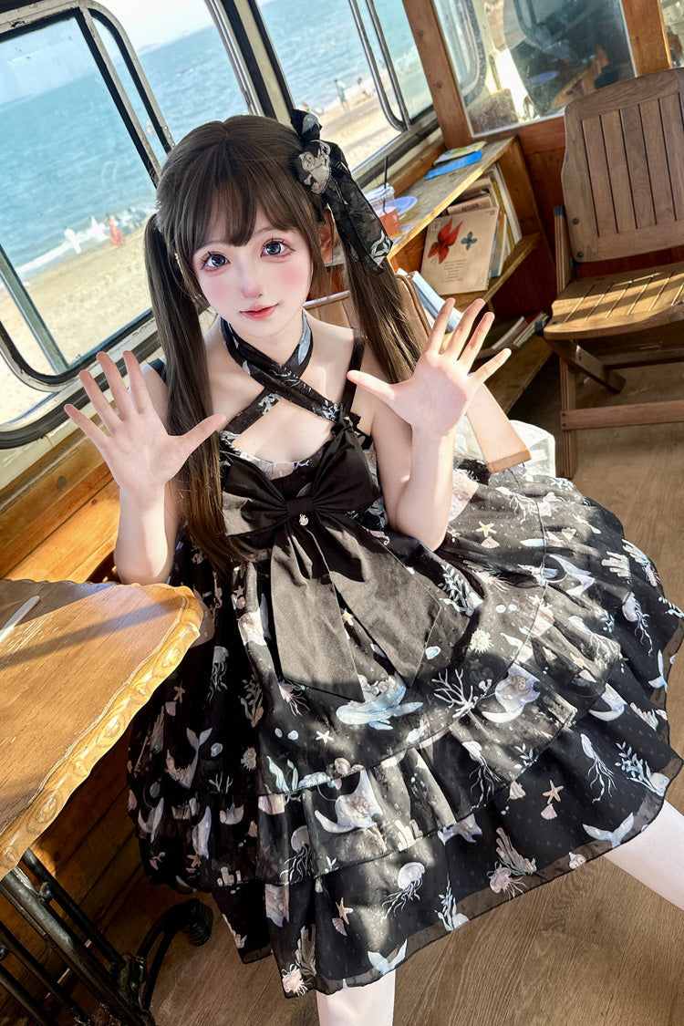 Ocean Sweetheart Halterneck Sleeveless Triple-Layered Printed Ruffled Bow Lace Sweet Strap Dress