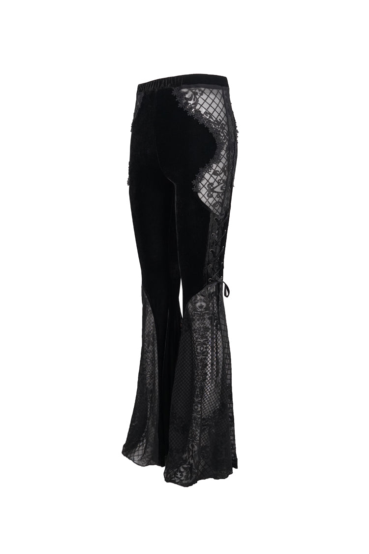 Velvet Jacquard Lace-Up Flared Gothic Trousers with Plaid Accents