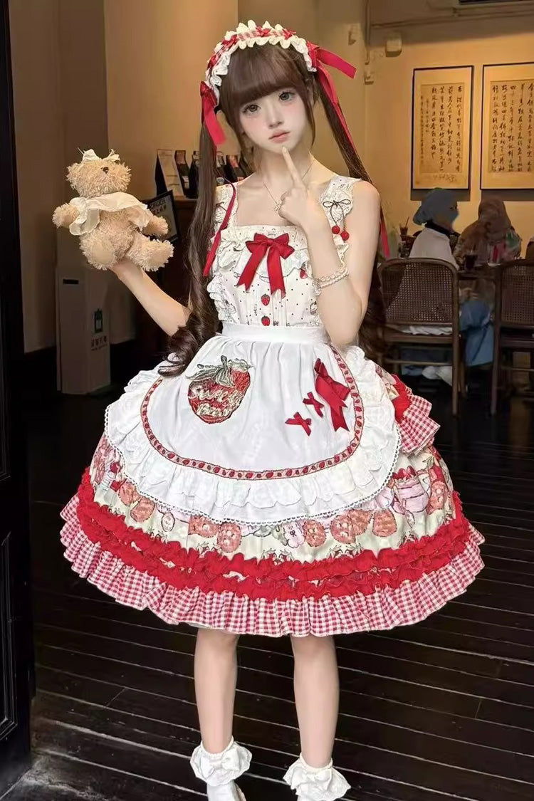 Crimson Strawberry Bear Print Sleeveless Dual-Layer Frill Bow Princess Sweet Lolita JSK