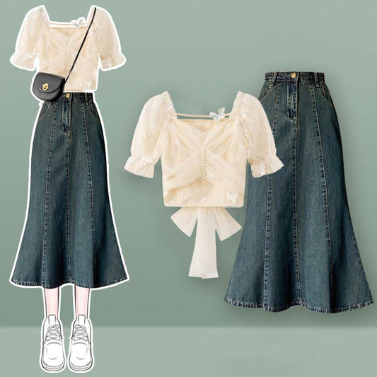 Bow Knot Butterfly Tulle Crop Top T-Shirt Fishtail Denim Skirt Set