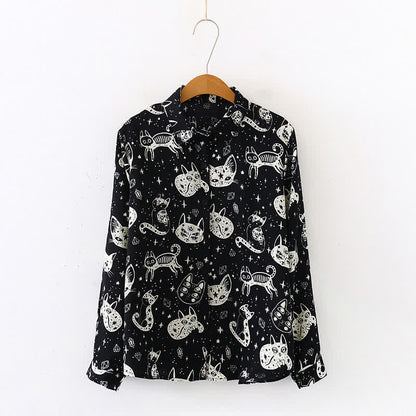 Black White Kitty Print Lapel Chiffon Shirt