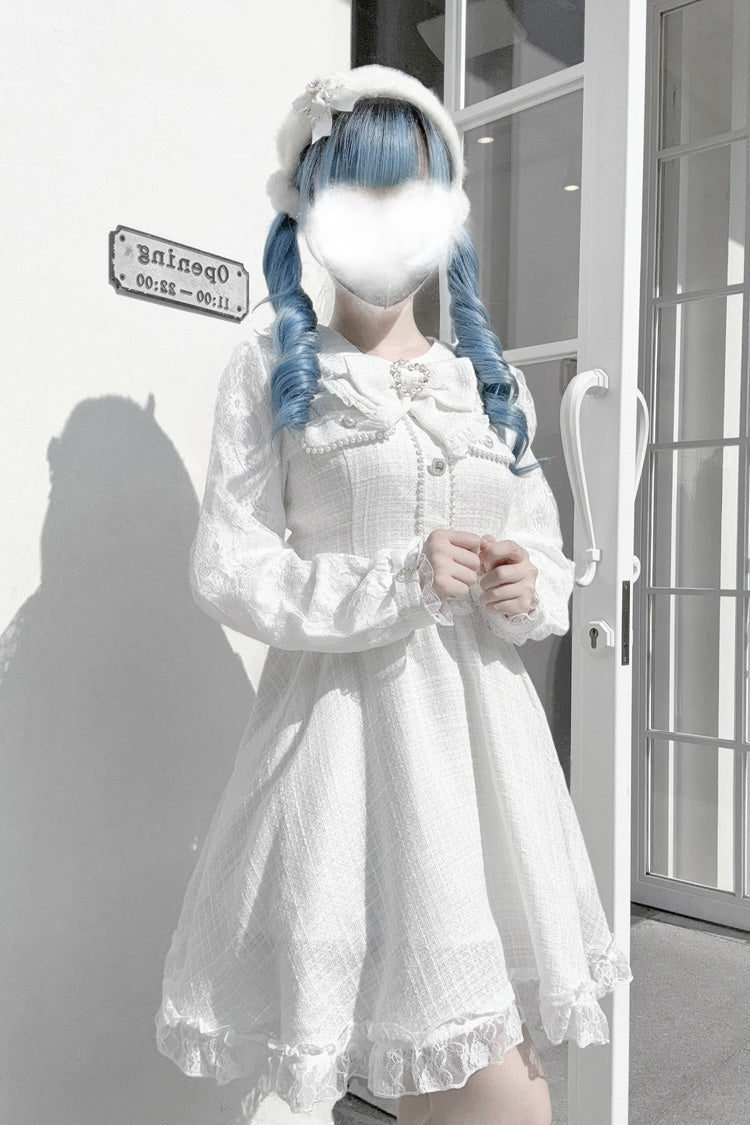 White Long Sleeve Bow Lace Pearl Sweet Jirai Kei Dress