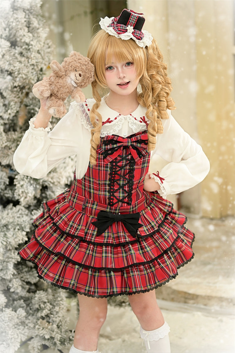 Red Velvet Cake Triple-Layered Printed Ruffled Bow Lace-Up Gothic Elegant Jsk Dress