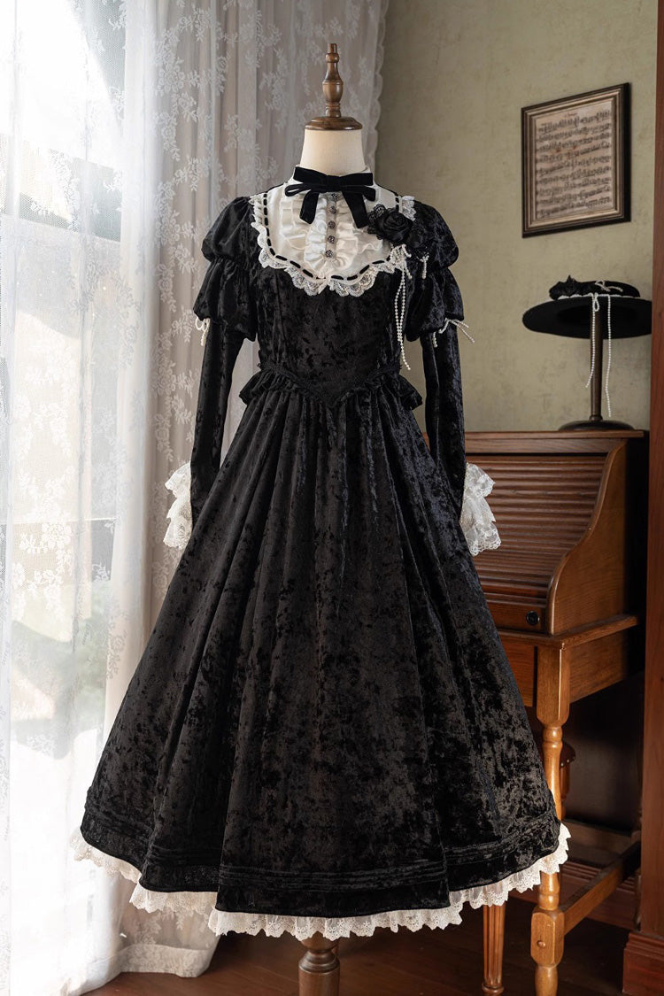 Noir Long Sleeve Ruffle Bow Lace Gothic Dress - Whispering Castle