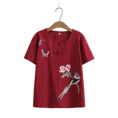 Vintage Bird Embroidery Buckle T-Shirt Pants Set