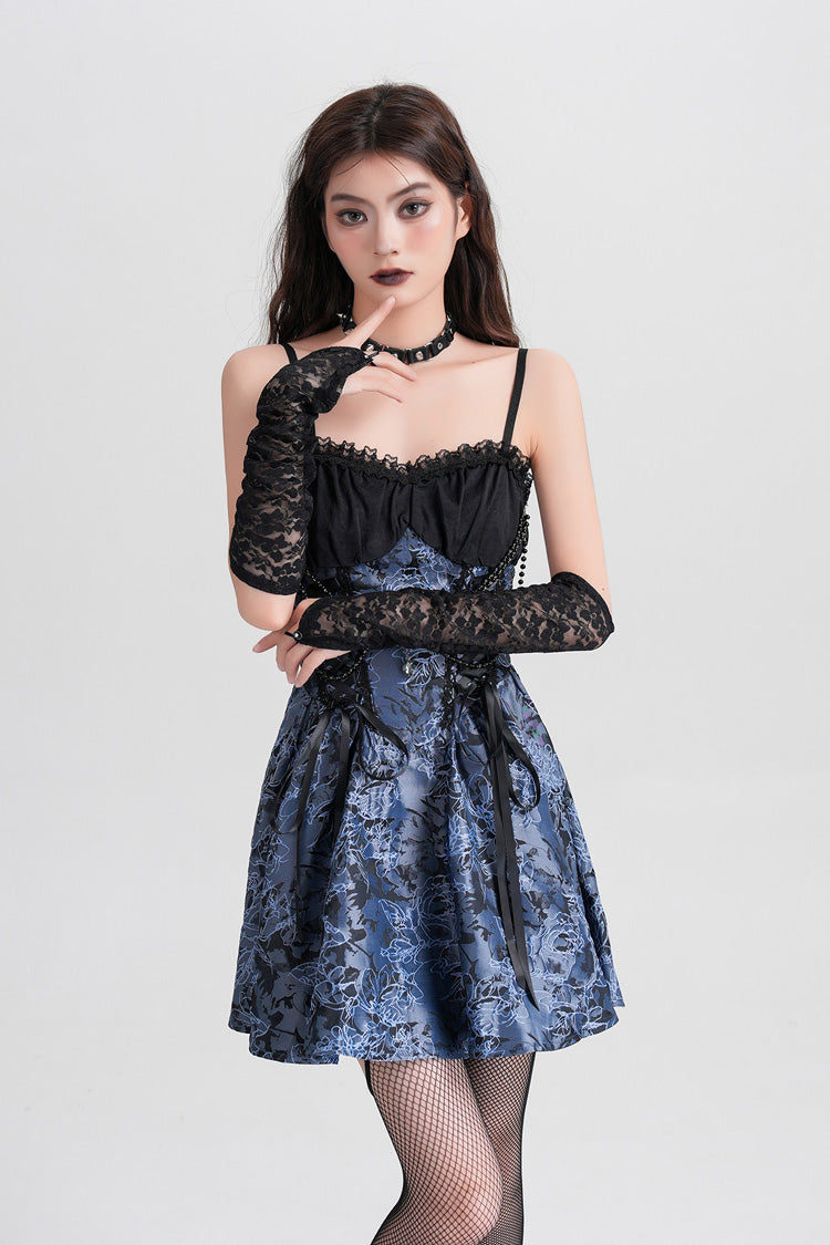 Blue Sleeveless Jacquard Printed Spliced Lace-Up Gothic Vintage Lolita Jsk Dress