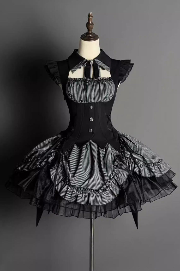 Gothic Lolita Dress with Triple-Layered Ruffle, Bowknot, Lace, Grey Potions