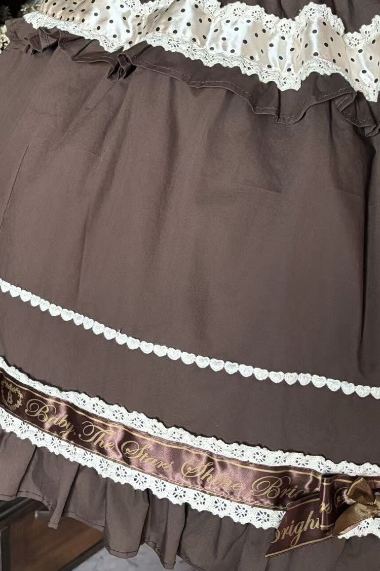 Dark Brown [Panda Gift] Square Collar Sleeveless Ruffled Bow Spliced Asymmetric Sweet Lolita Jsk Dress