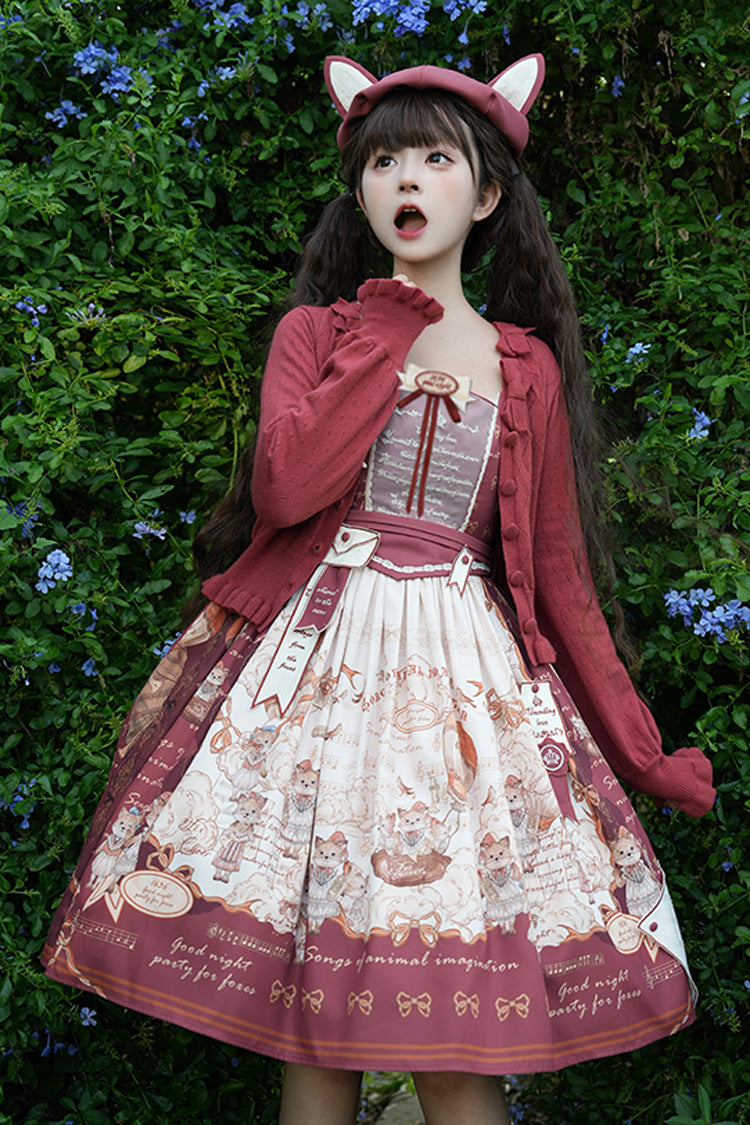Wine Red Fox Print Square Collar Bowknot Classic Lolita Jumper