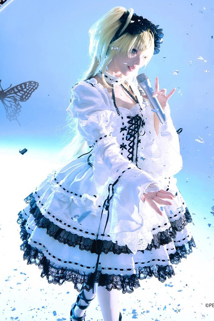 White Witch Long Sleeves Double-Layered Lace-Up Gothic Skirt Set