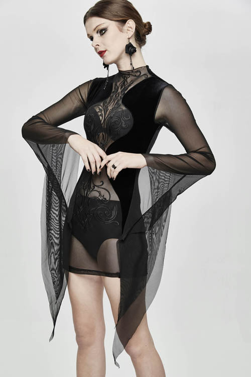 Embroidered Flared-Sleeve Velvet Gothic Dress for Women