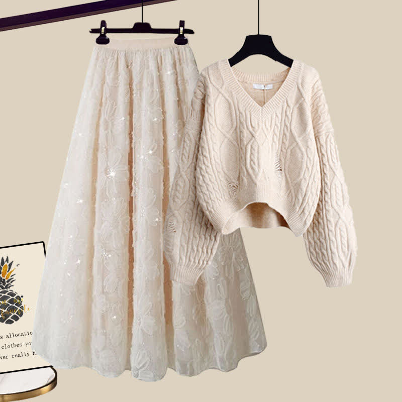 Chic Cable Knit Sweater Flower Pattern Tulle Skirt