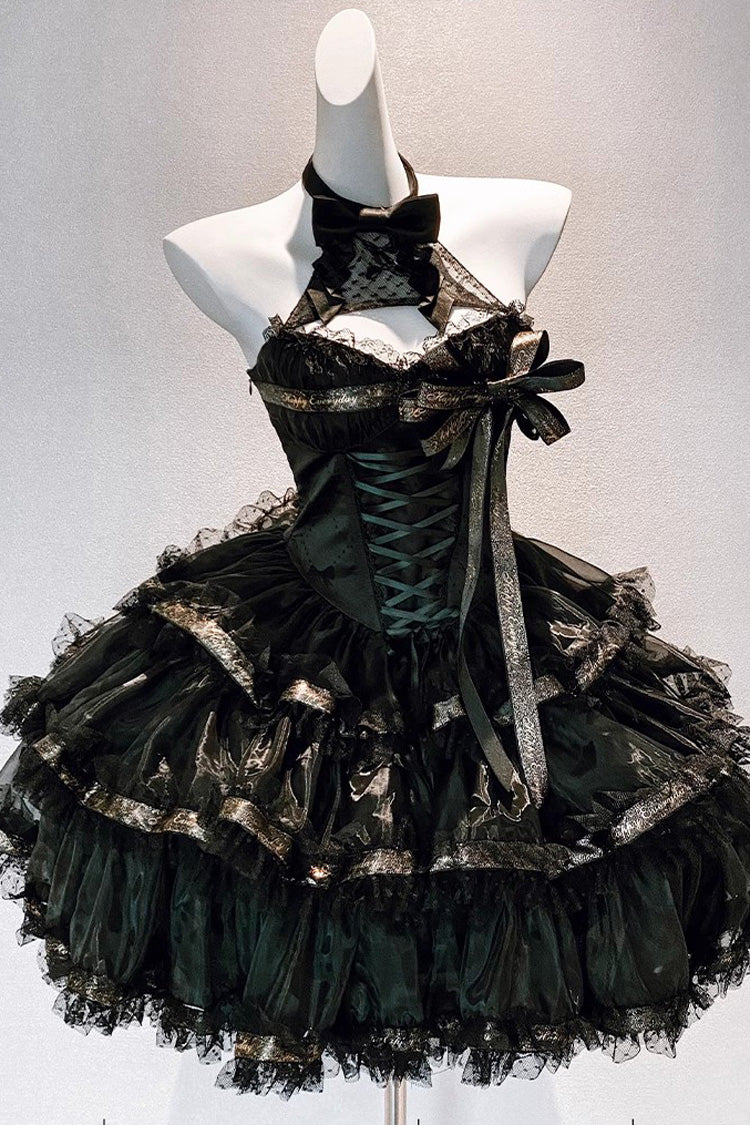 Black First Kiss Halterneck Triple-Layered Ruffle Lace Gothic Princess