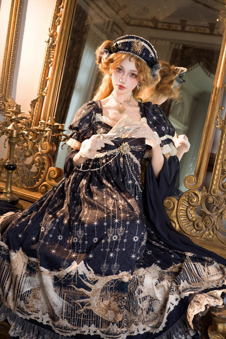 Unicorn V-Neck Short Sleeve Empire Print Bow Lace Elegant Lolita Gown