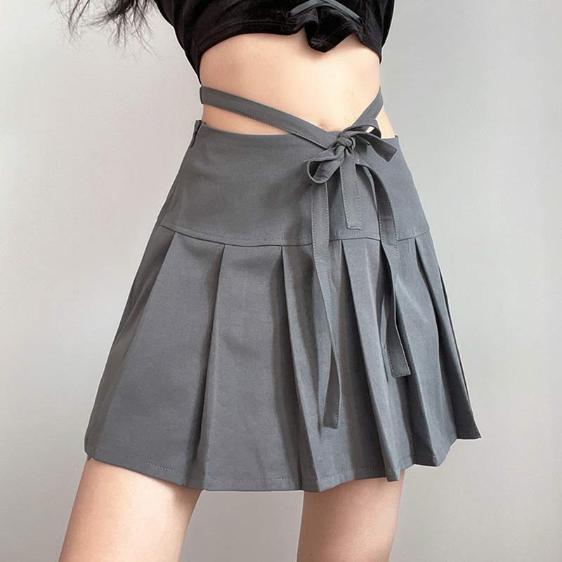 High Waist Lace Up Bow Pleated Skirt