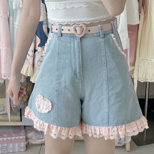 Denim ruffle heart shorts - denim - hearts - kawaii - lace - pink