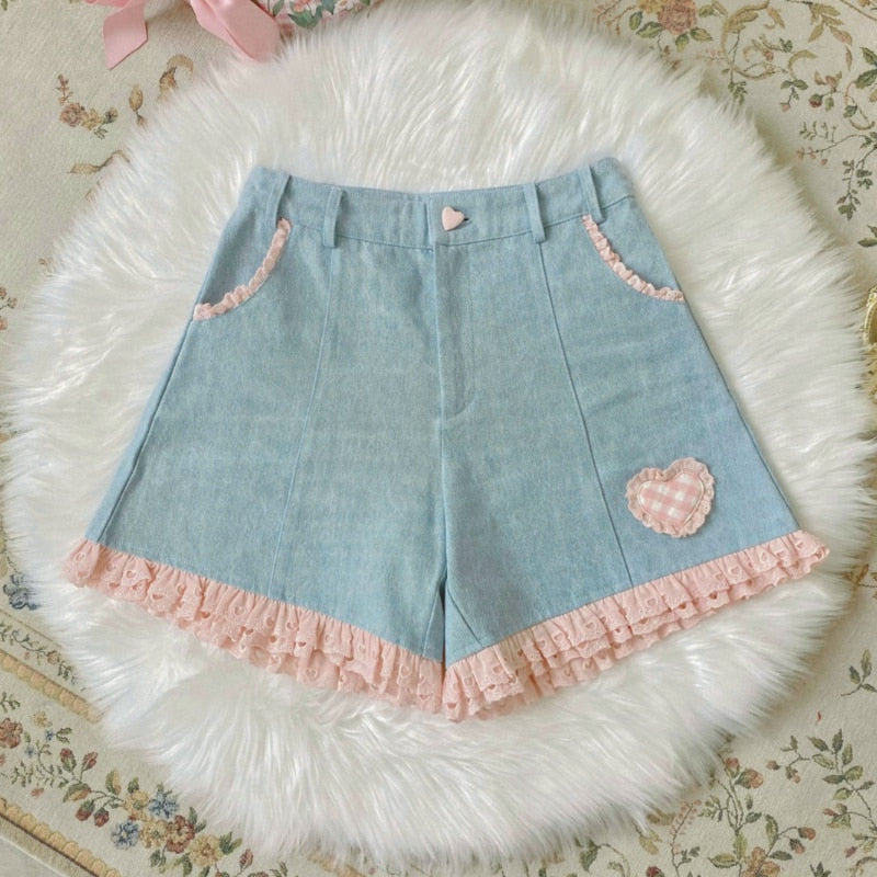 Denim ruffle heart shorts - denim - hearts - kawaii - lace - pink