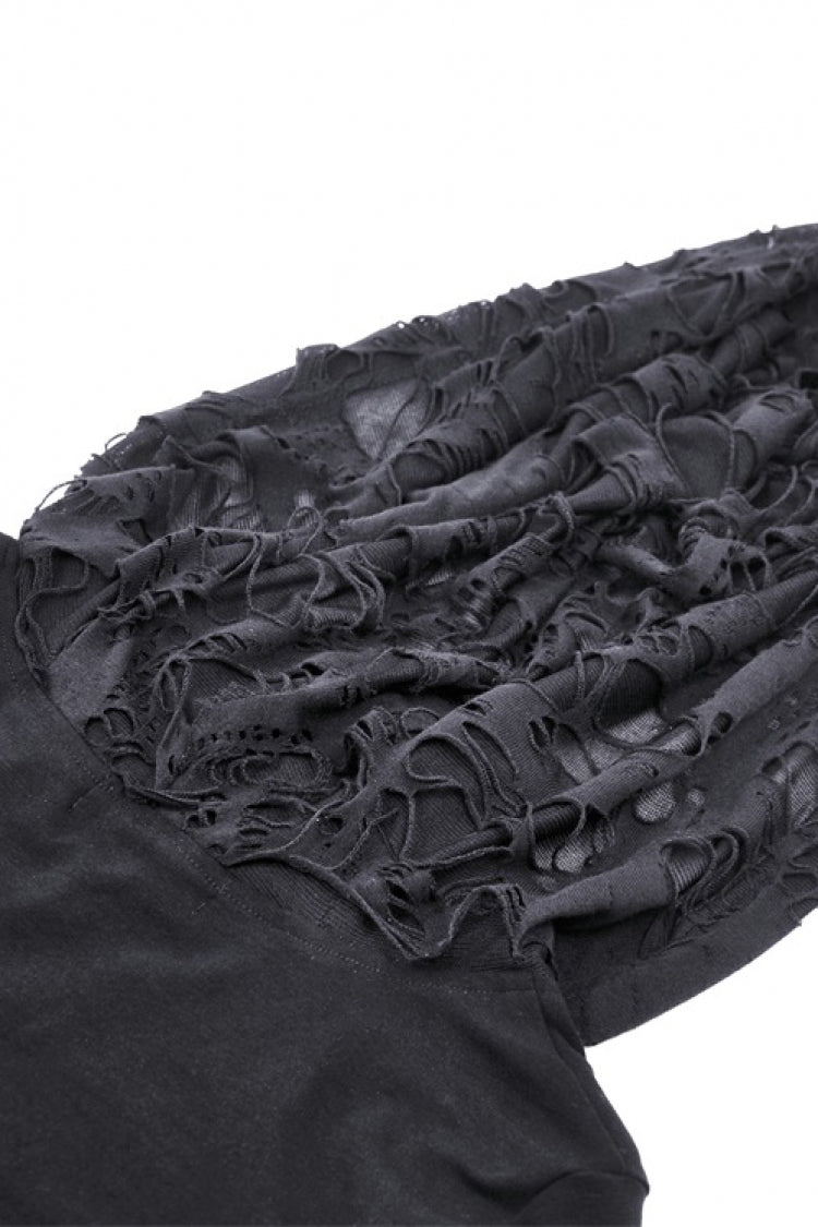Raven Cross Eyelet Cut-Out Punk Crop Top with Ripped Hood for Women