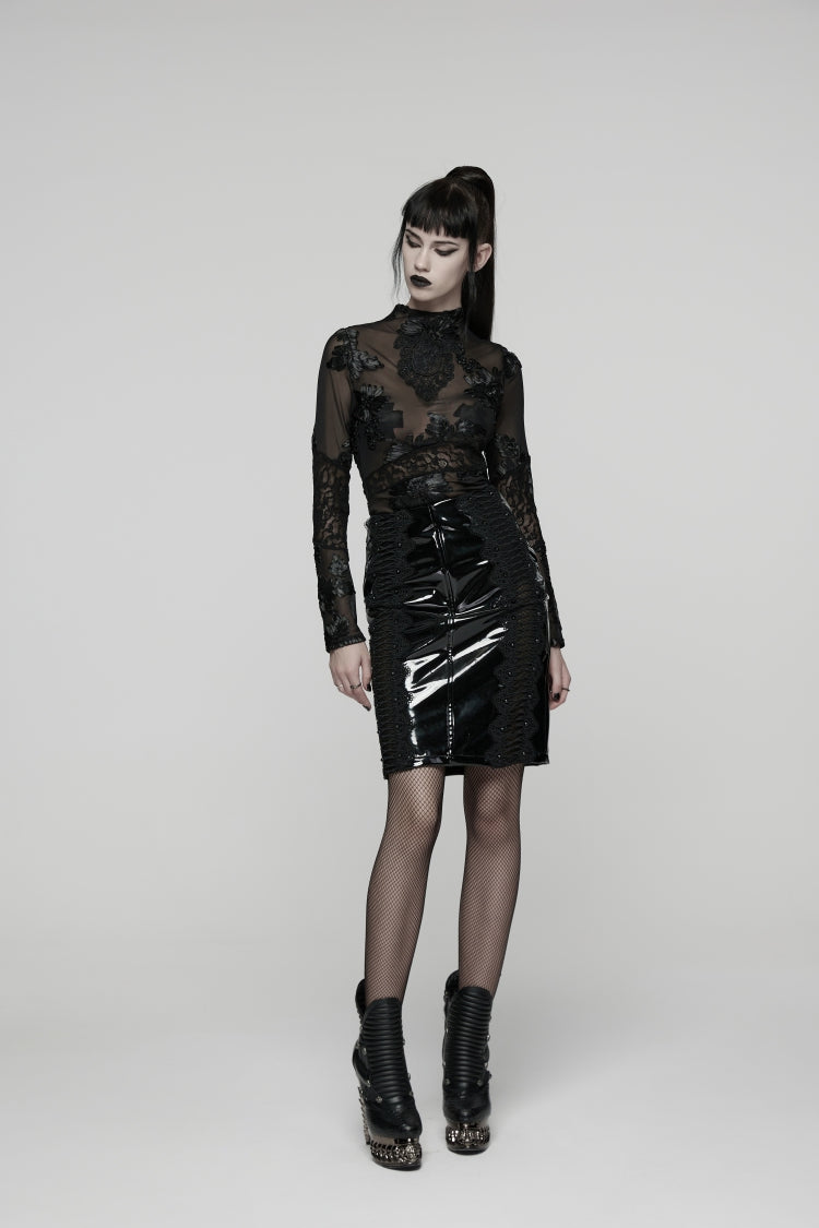 Noir Lace-Trimmed Faux Leather Gothic Midi Skirt - Dark Elegance