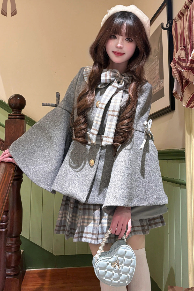 Trumpet-Sleeve Ruffled Bow Elegant Skirt Coat in 2 Colors - Chestnut Sea Salt