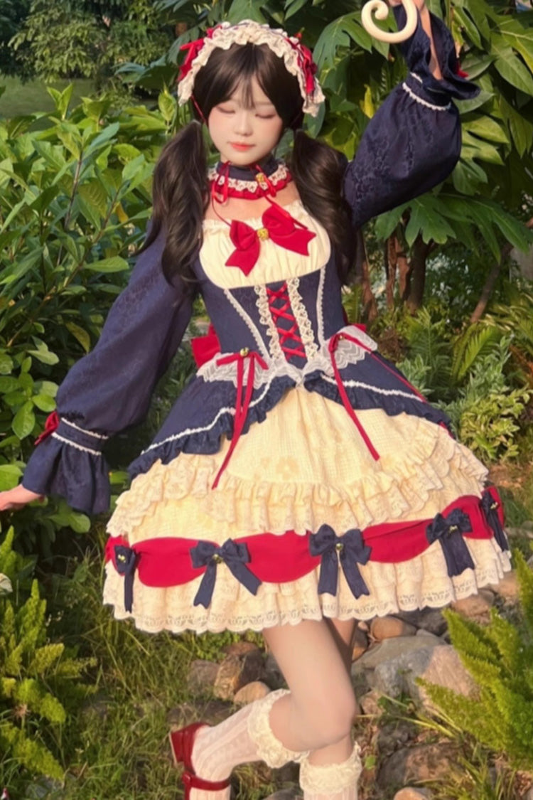 White-Blue Sweet Lolita Ruffle Cardigan Dress with Bowknot