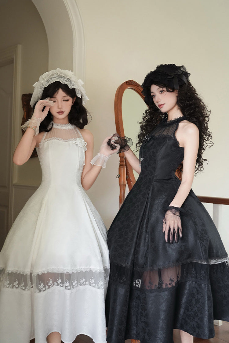 Snow Off Shoulder Halterneck Printed Ruffle Gothic Elegant Dress - Flowers in the Mist