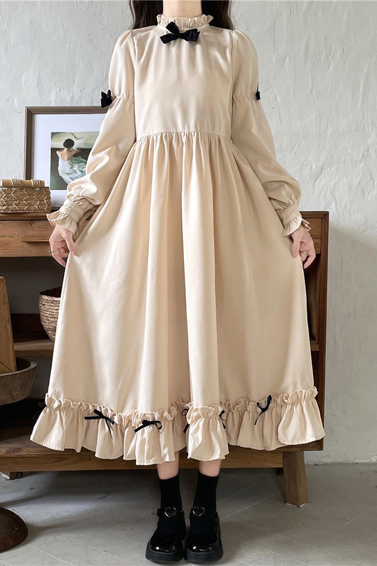 Noir/Apricot Puff Sleeve Bow Ruffle Sweet Dress - Japanese Style