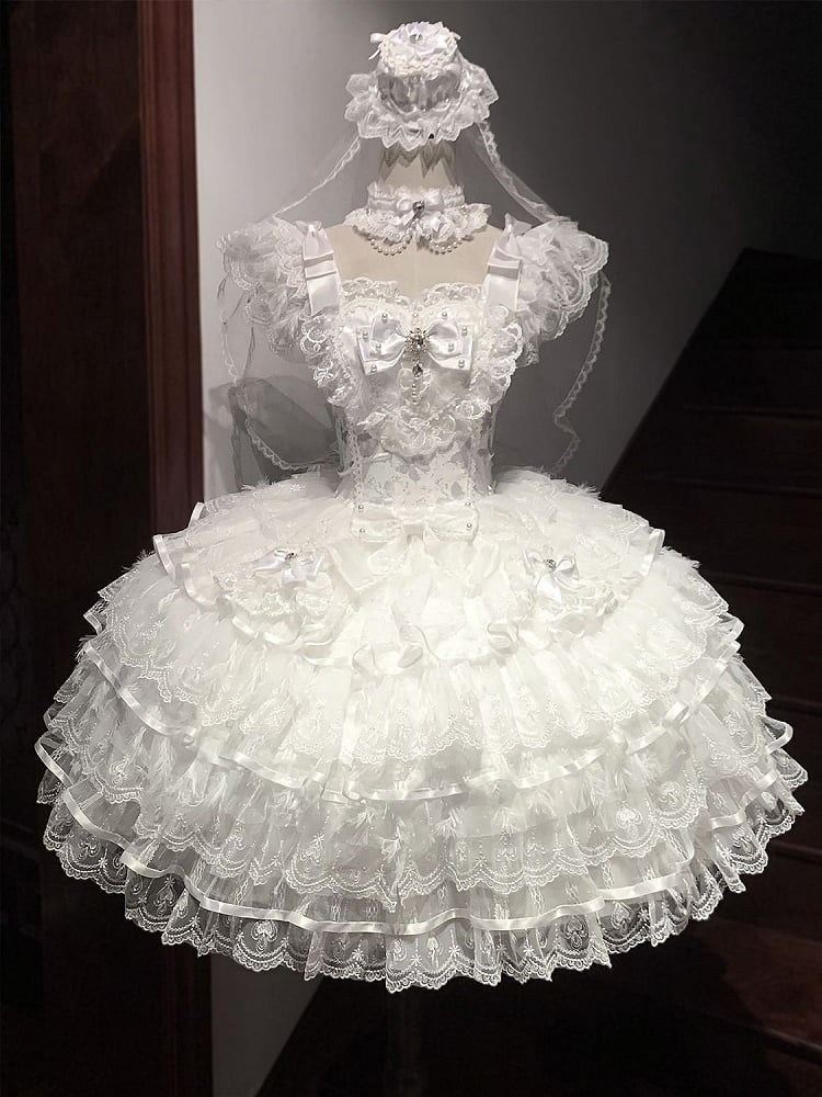 Hime Butterfly Tiered Hanayome Bodice Lolita Fabric Skirt Angel White Dress