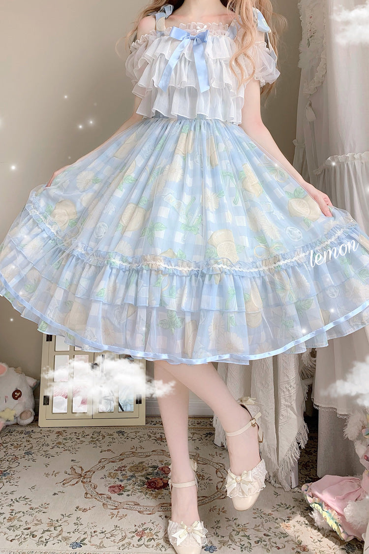 Blue Lemon Sweet Lolita Short Sleeve Print Ruffle Bowknot Jsk Dress