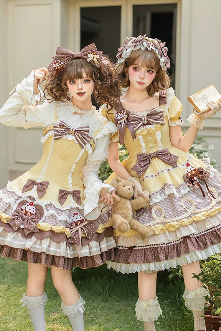 Yellow/Brown [Polka Dot Cake] Multi-Layered Printed Ruffled Bow Sweet Lolita OP Dress