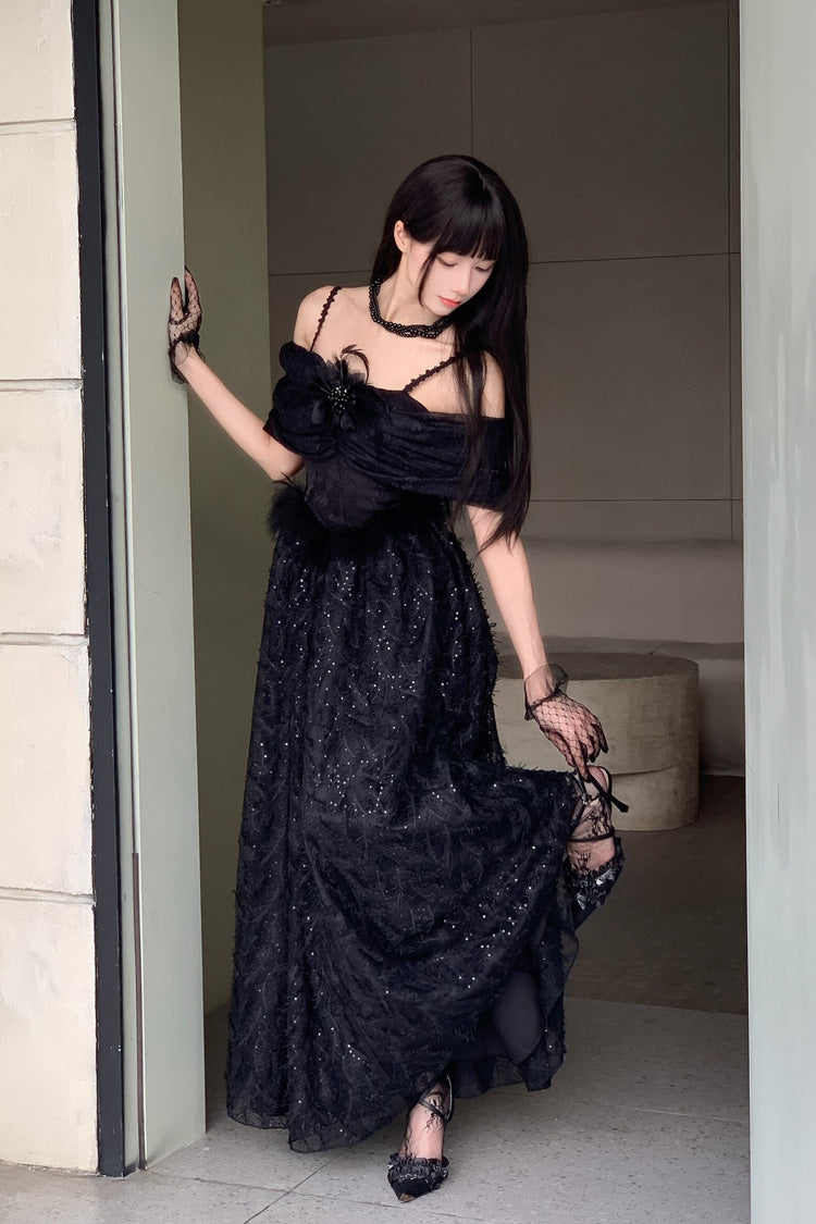 Off-Shoulder Jacquard Dress with Bow and Gothic Style