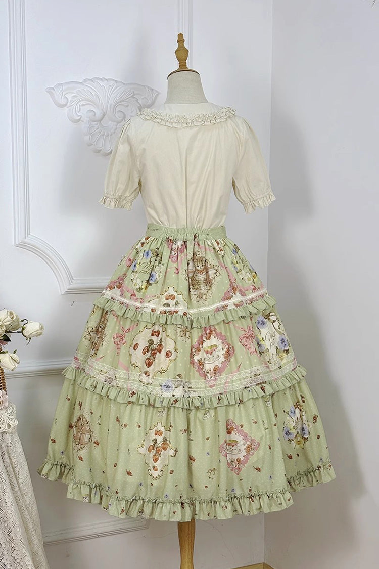 Green Cat Rose Tea Print Daily Sweet Lolita Skirt