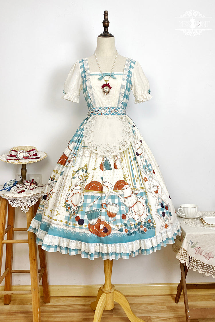 Tea Party Print Short-Sleeve Ruffle Bowknot Elegant Lolita Dress
