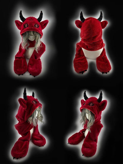 Red Devil Gothic Winter Scarf Gloves Plush Hat