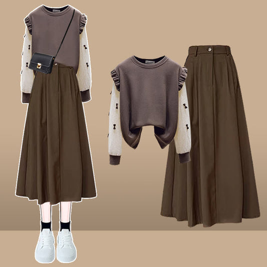 Brown Bow Knot Sleeve Shirt High Waist Skirt