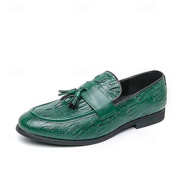 Men's Leather Loafers with Crocodile Embossed Faux Green