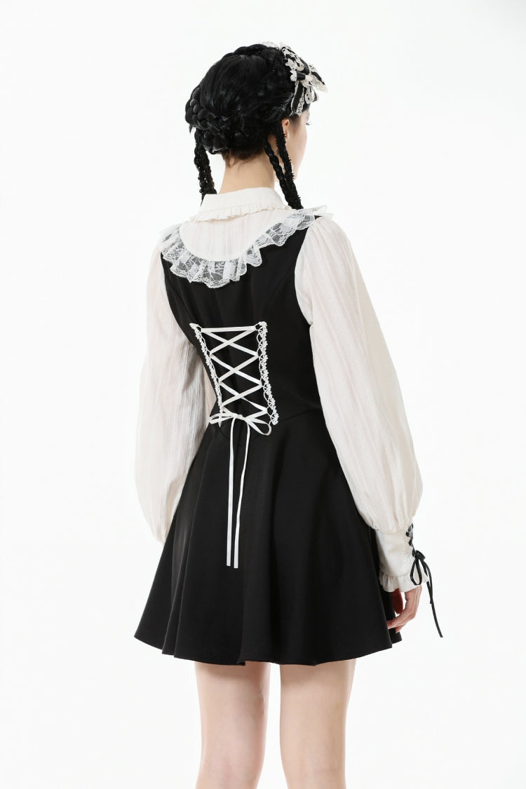 Black/White Faux Two-Piece Doll Collar Long Sleeves Lace-Up Women's Lolita Gothic Graduation Dress