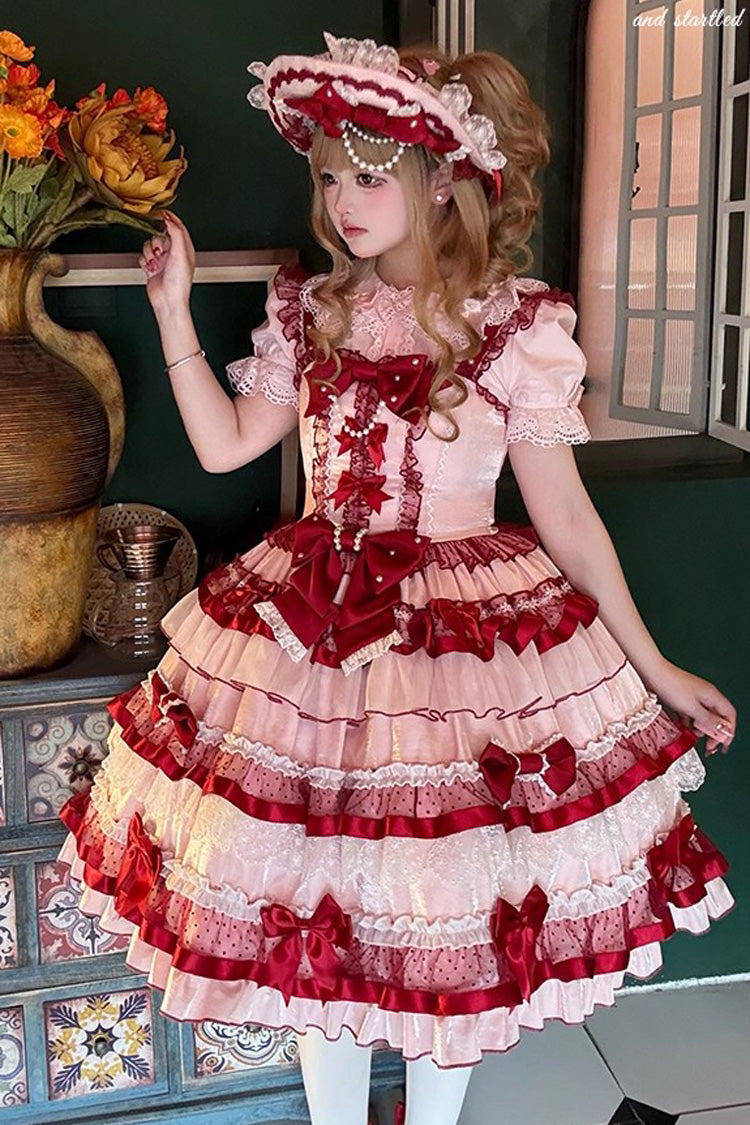 Ribbon Berries Sleeveless Multi-Layered Ruffled Bow Lace Sweet Lolita JSK Dress - Red