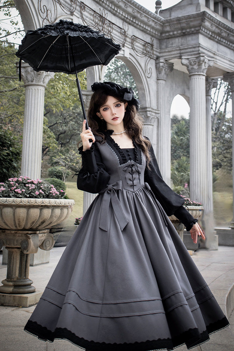Ash Square-Collar Color-Block Lolita Gown with Lace-Up Bow