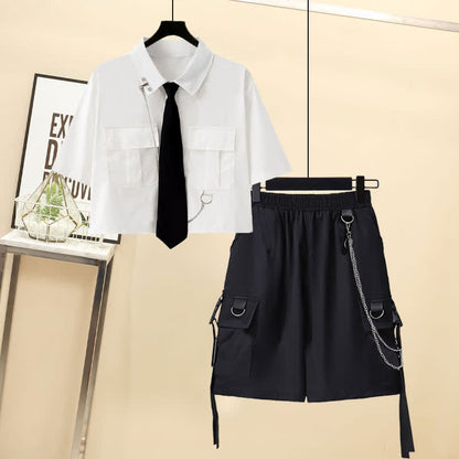 Chic Pocket Lapel Tie T-Shirt Chain Cargo Shorts Pants