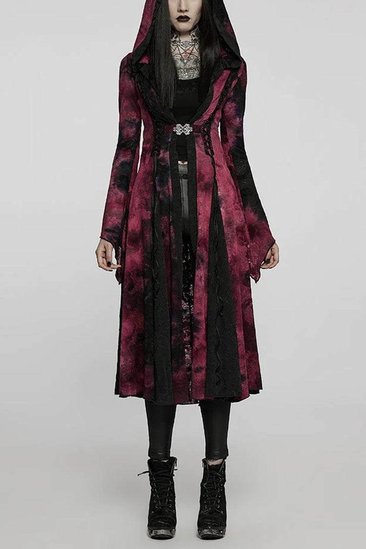 Crimson Noir Flared Bell Sleeves Stitched Hooded Women's Vintage Gothic Overcoat