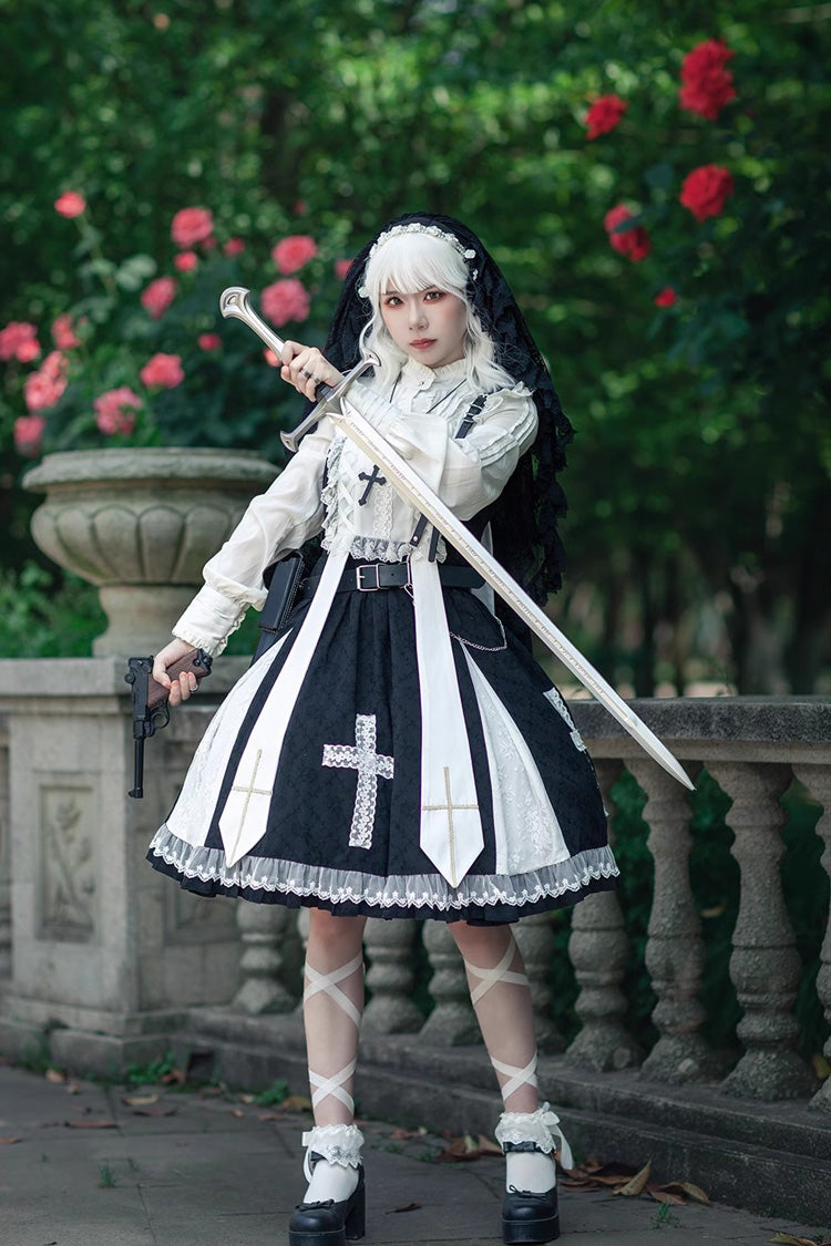 Black Gothic Lolita Dress with Cross Print and Ruffled Sleeveless
