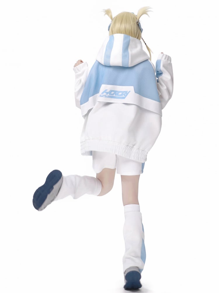 White and Blue Mesh Splicing Zip Hoodie Sweatshirt