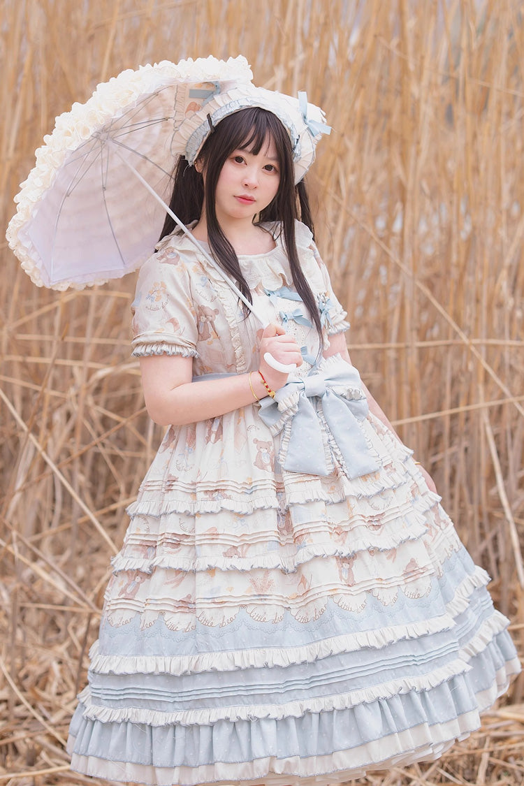 Harvest Bear Print Short Sleeve Layered Ruffle Bow Plus Size Lolita Gown