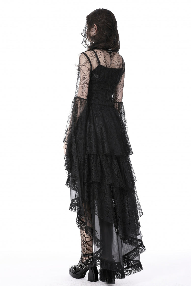 Midnight Spider Web Hooded Cape with Flared Lace-Up Sleeves - Gothic Sheer