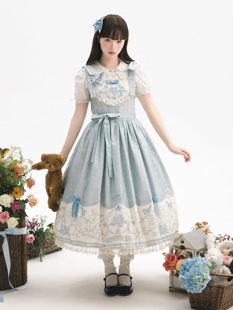 Floral Blue Lolita Jumper Skirt Print and Titmouse