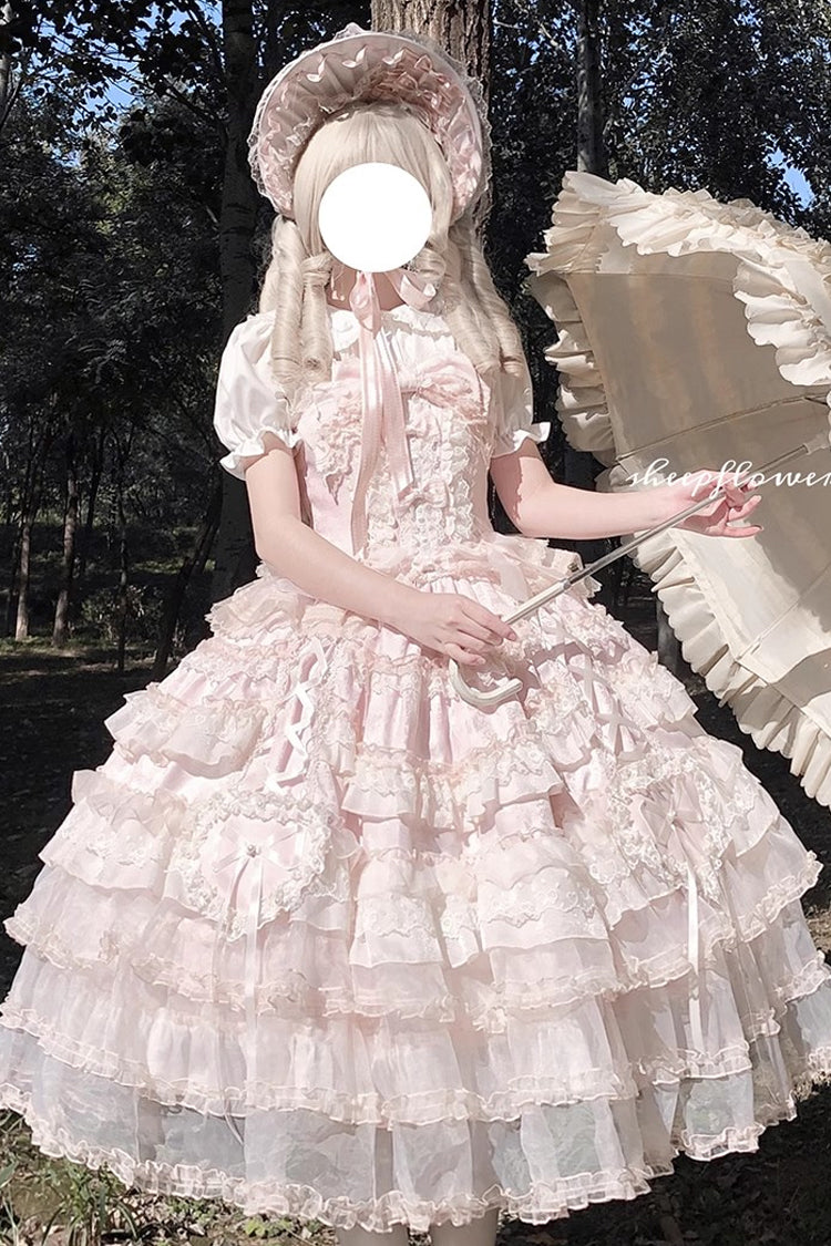 Rosy Ruffle Cascade Bow Embellished Sweetheart Lolita Jumper Dress - Sweetheart Diary