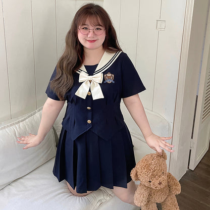 Sweet Plus-size Navy Neck Embroidery Dress Set MK Kawaii Store