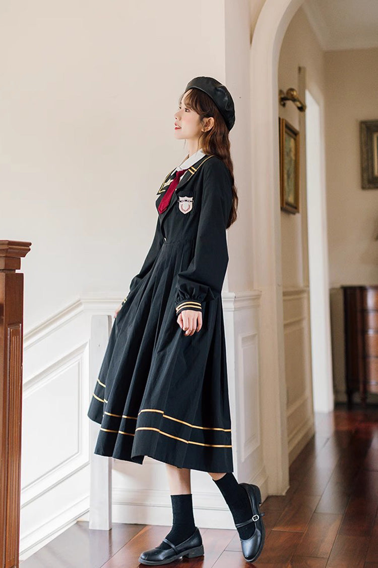 Black Embroidery Dress with Long Sleeves - College Style